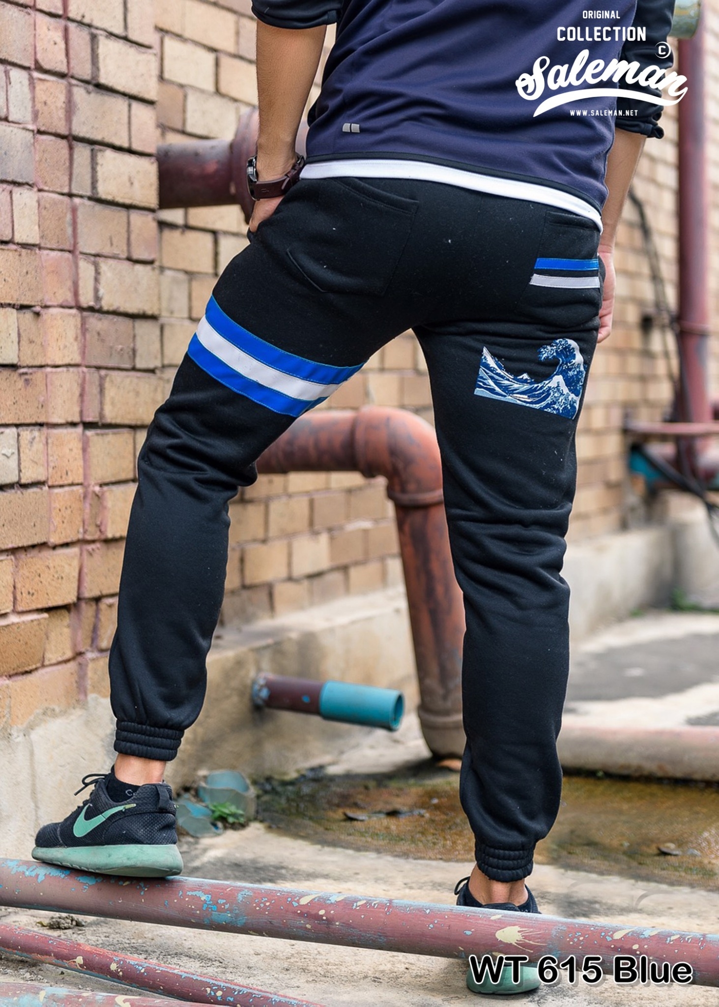 กางเกง JOGGER พรีเมี่ยม ผ้าวอร์ม รหัส WT 615 Blue สีดำ แถบฟ้า