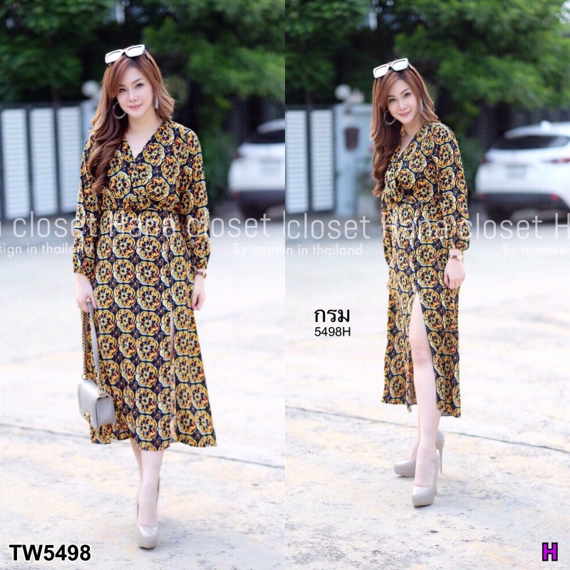 Maxi dress #สาวอวบ แขนยาว ผ่าหน้า ผ้าพิมพ์ลายกราฟฟิก TW5498
