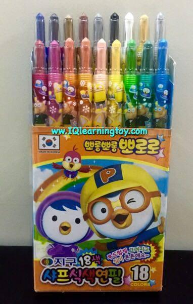 สีเทียนหมุนได้โพโรโร่ แพ็คจำนวน 18 สีขนาดมาตรฐาน สีคมเข้ม ชัดเจน ลื่น ระบายง่าย ช่วยให้ภาพออกมาสวย และดูมีชีวิตชีวา ส่งฟรี
