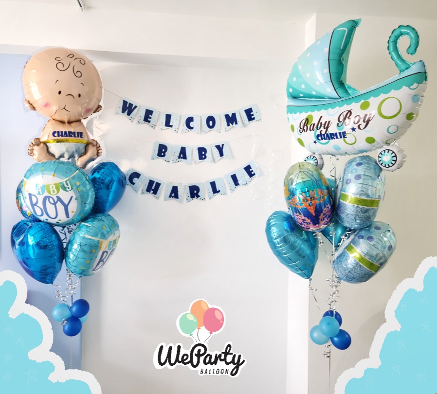 ลูกโป่งต้อนรับเด็กแรกเกิด COMBO SET! Welcome Baby Boy Foil Balloons & WELCOME BABY Flag (เพิ่มป้ายชื่อตัวอักษรละ/Alphabet name 25.-/pc)(12 pcs)(1 Flag) (สนใจสั่งซื้อผ่าน Line: @weparty)