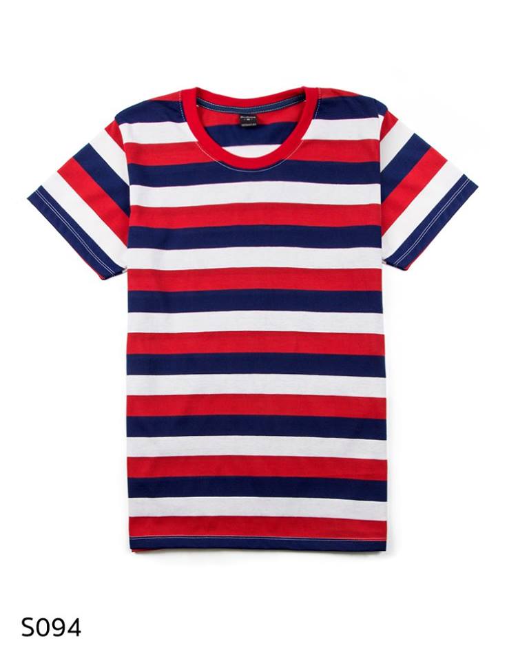 เสื้อยืดคอกลมลายทาง S094 (สีขาวแดงน้ำเงิน ออพติมัส)