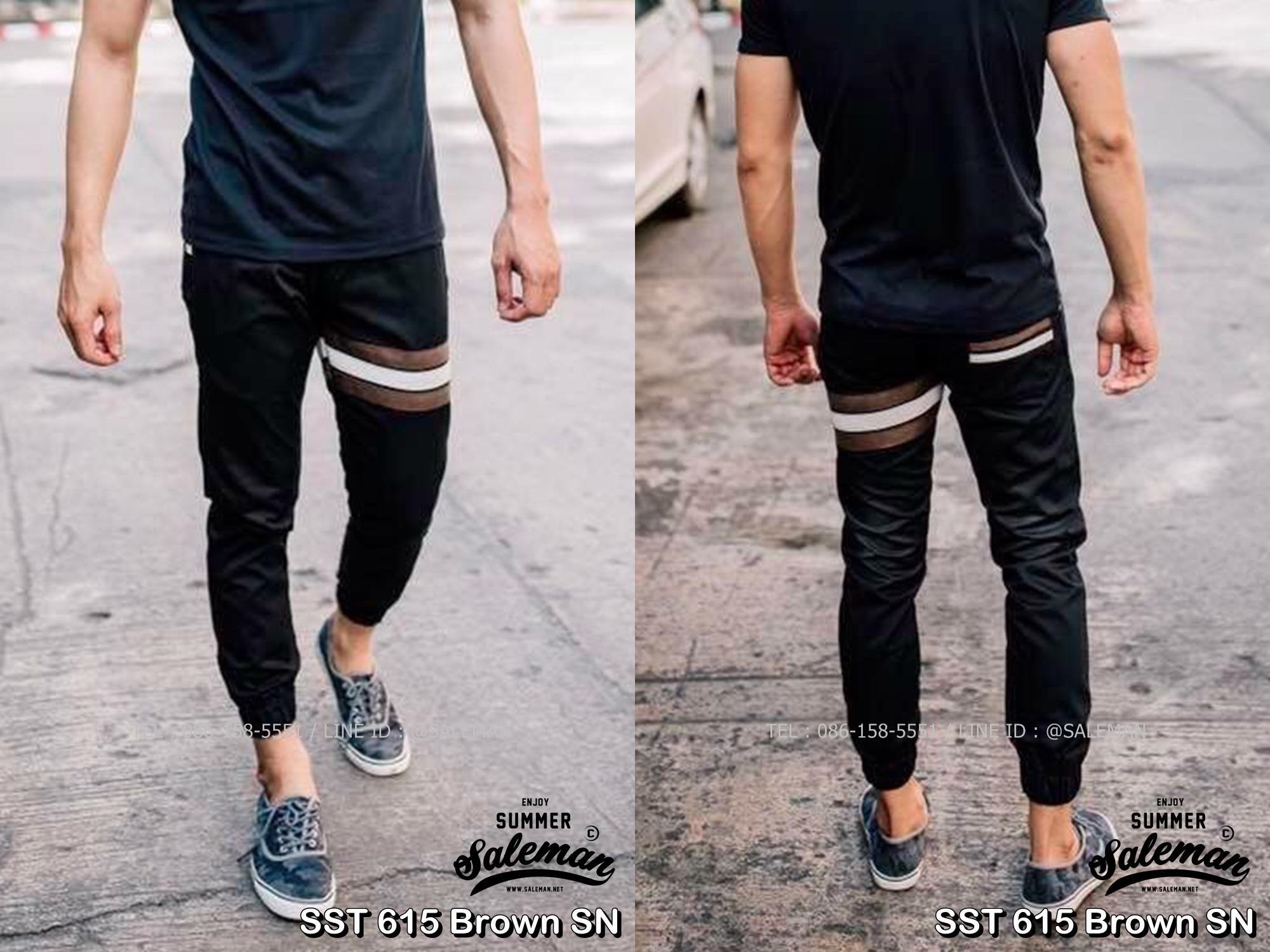 กางเกง JOGGER พรีเมี่ยม ผ้า COTTON รหัส SST 615 Brown SN สีดำ แถบน้ำตาลงู