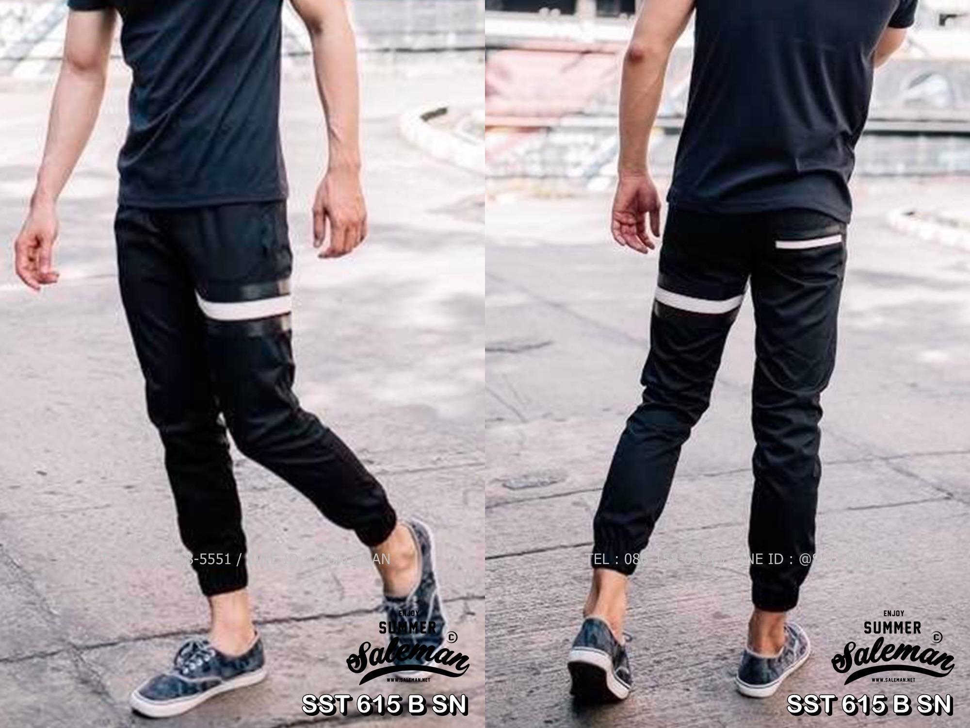 กางเกง JOGGER พรีเมี่ยม ผ้า COTTON รหัส SST 615 B SN สีดำ แถบดำงู SUMMER SALE