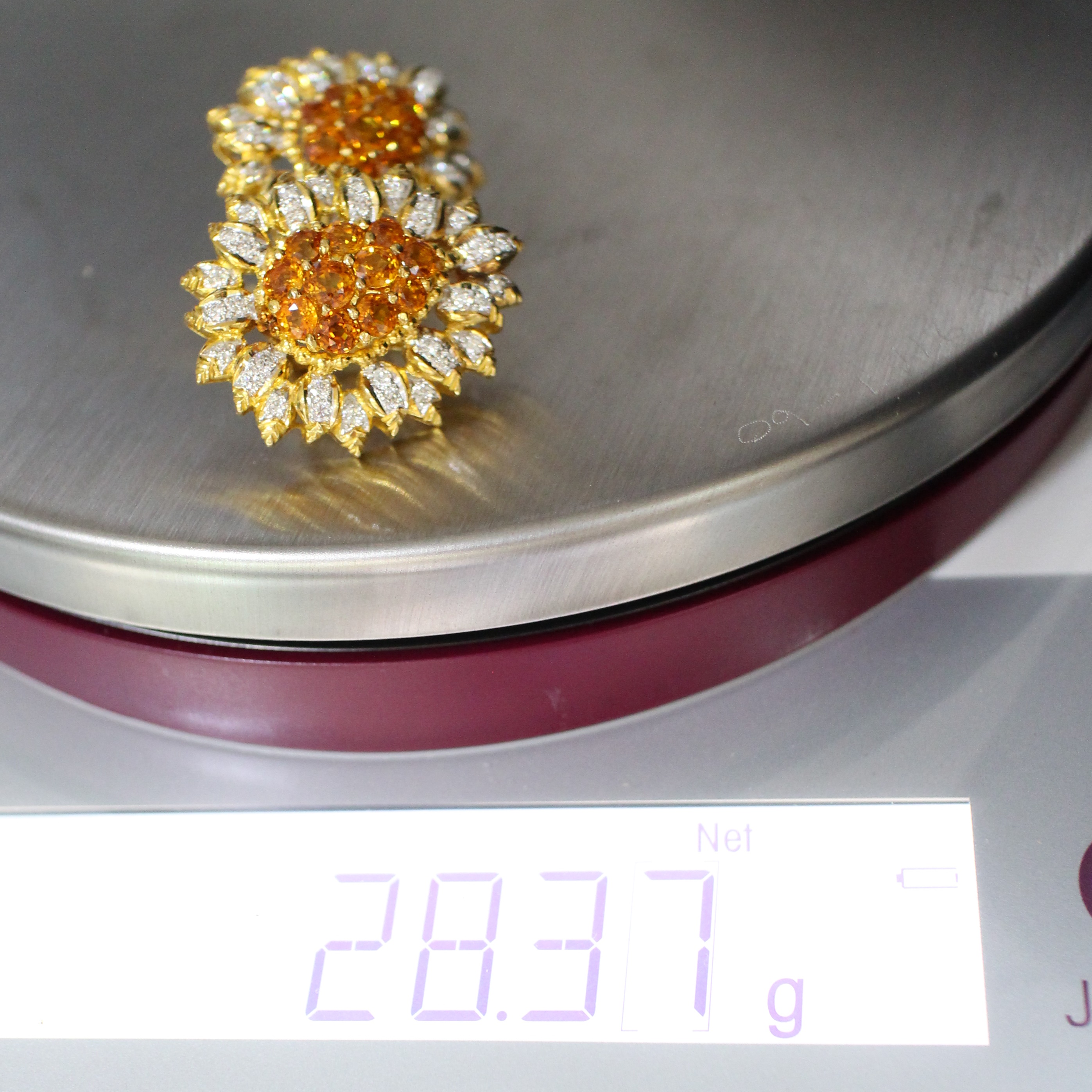 ER24153 ต่างหูบุษราคัมล้อมเพชร เพชรแท้ 66 เม็ด 2 กะรัต ทองแท้ 90% นน.รวม 28.37 กรัม พลอยสวย ไฟดี งานสวยอลังการ