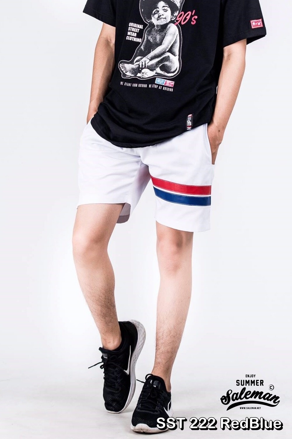 กางเกงขาสั้น พรีเมี่ยม ผ้า COTTON รหัส SST 222 RedBlue สีขาว แถบแดงน้ำเงิน