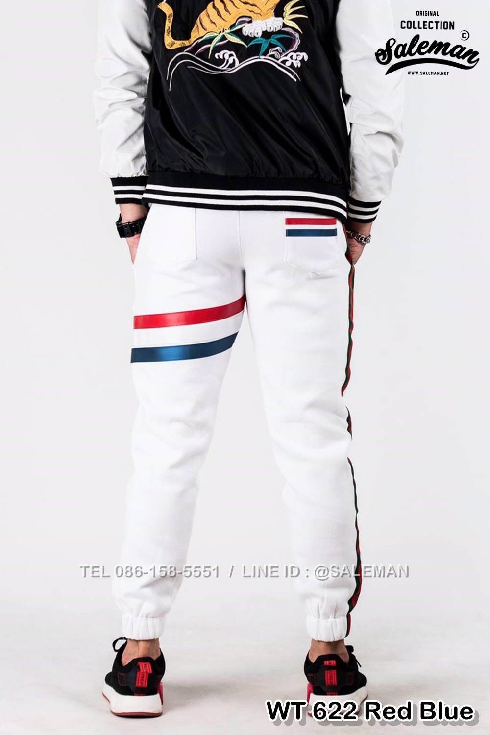 กางเกง JOGGER พรีเมี่ยม ผ้าวอร์ม รหัส WT 622 Red Blue สีขาว แถบแดง ฟ้า