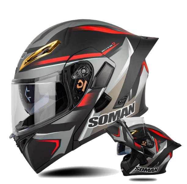 SOMAN - หมวกกันน็อคยกคาง มีแว่นในตัว แถม สปอยเลอร์ + บลูทูธ + ชิวปรอท สีเทา-แดง Red Gray vision