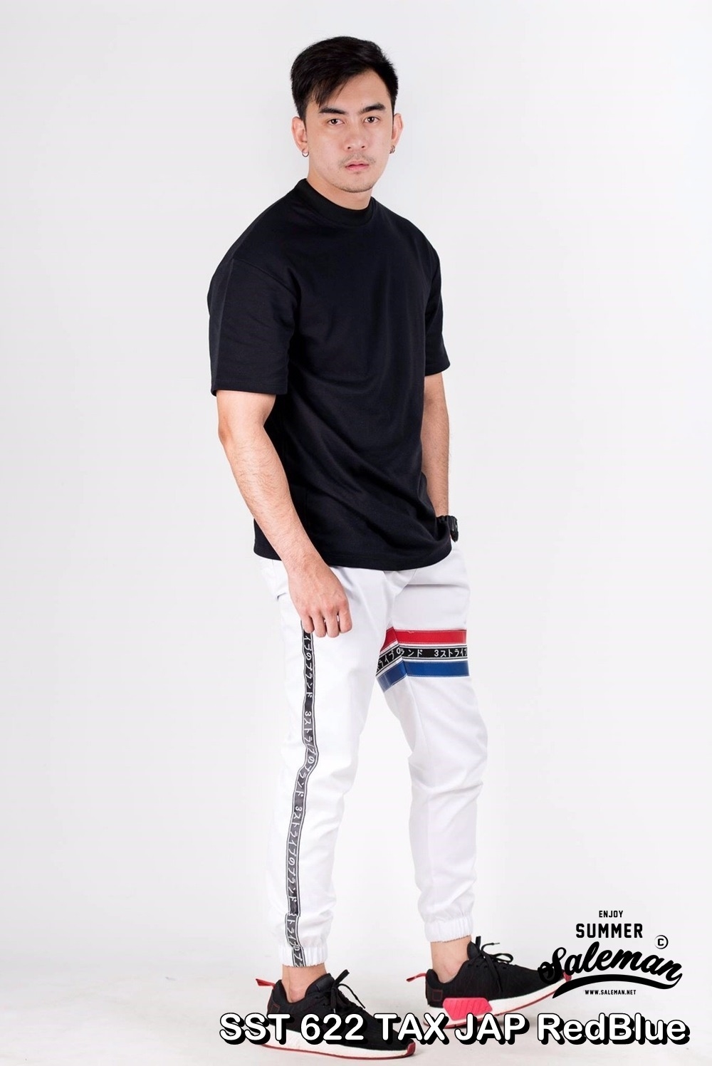 กางเกง JOGGER พรีเมี่ยม ผ้า COTTON รหัส SST 622 TAX JAP RedBlue สีขาว แถบแดงน้ำเงิน