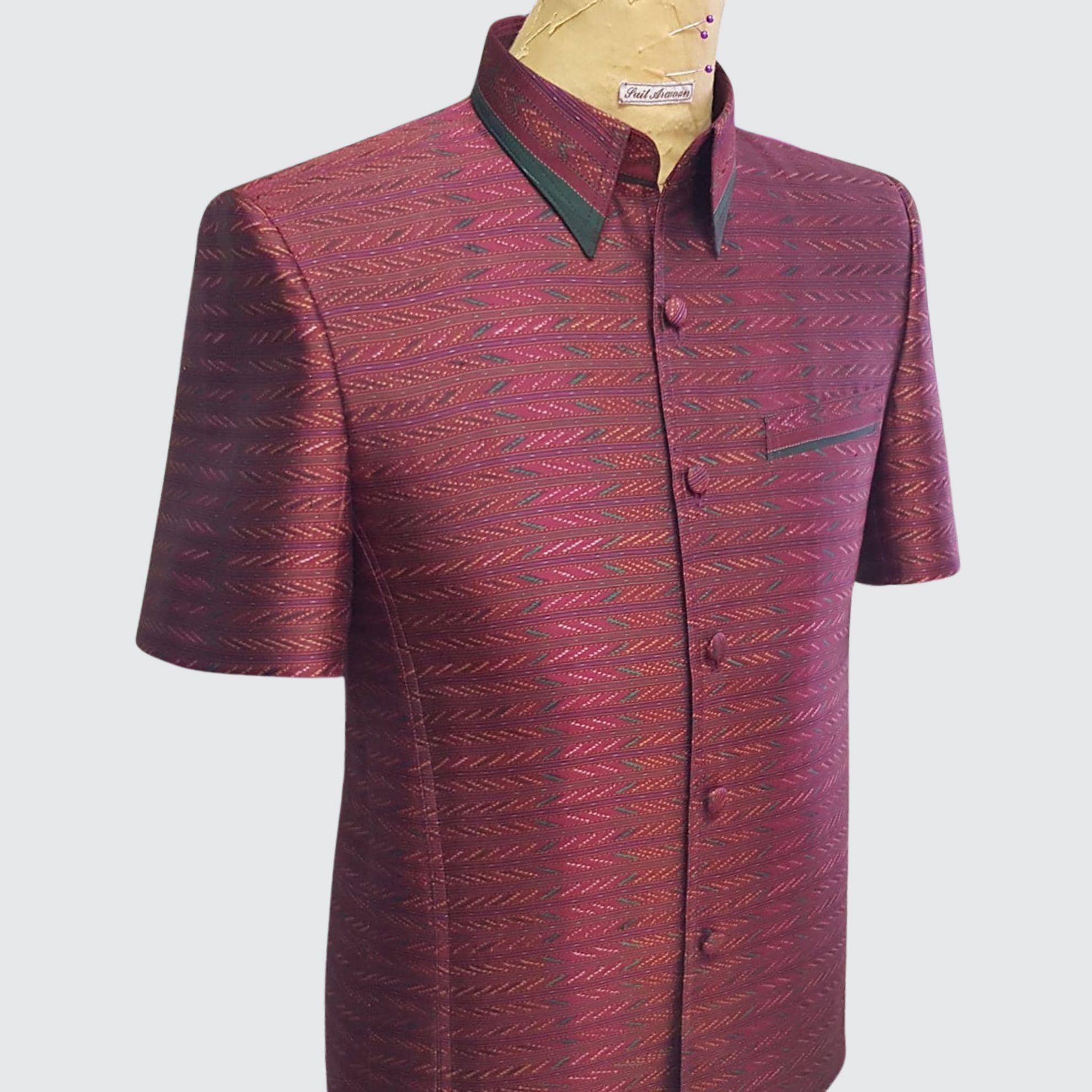 เสื้อสูทซาฟารี แขนสั้น ไหมมัดหมี่ลายโฮลบรรทัดสีธรรมชาติ | ตัดเย็บตามรูปร่าง | เลือกสีผ้า ส่งไซส์ได้