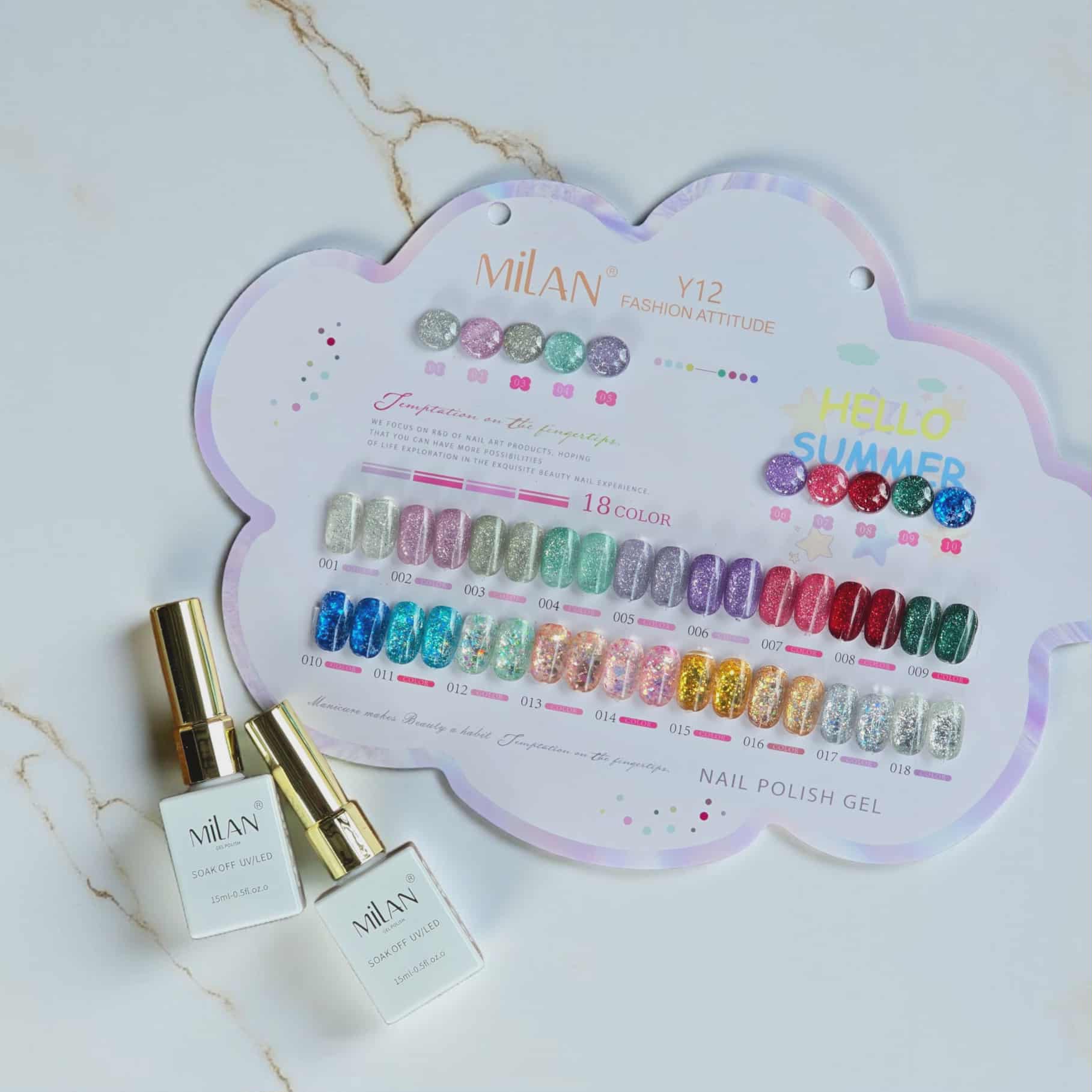 🌈 สีเจลทาเล็บกลิตเตอร์ สีเจลแฟลช MILAN Y12 รุ่น Hello Summer 18สี พร้อมชาร์ตสี✨