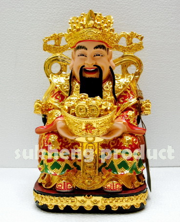 เทพเจ้าไฉ่ซื่งเอี้ยเรซิ่นสี ปางนั่งถือเงินทอง ขนาด 10 นิ้ว