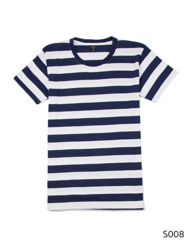 เสื้อยืดคอกลมลายทาง ริ้ว1นิ้ว S008 (สีขาวกรม)