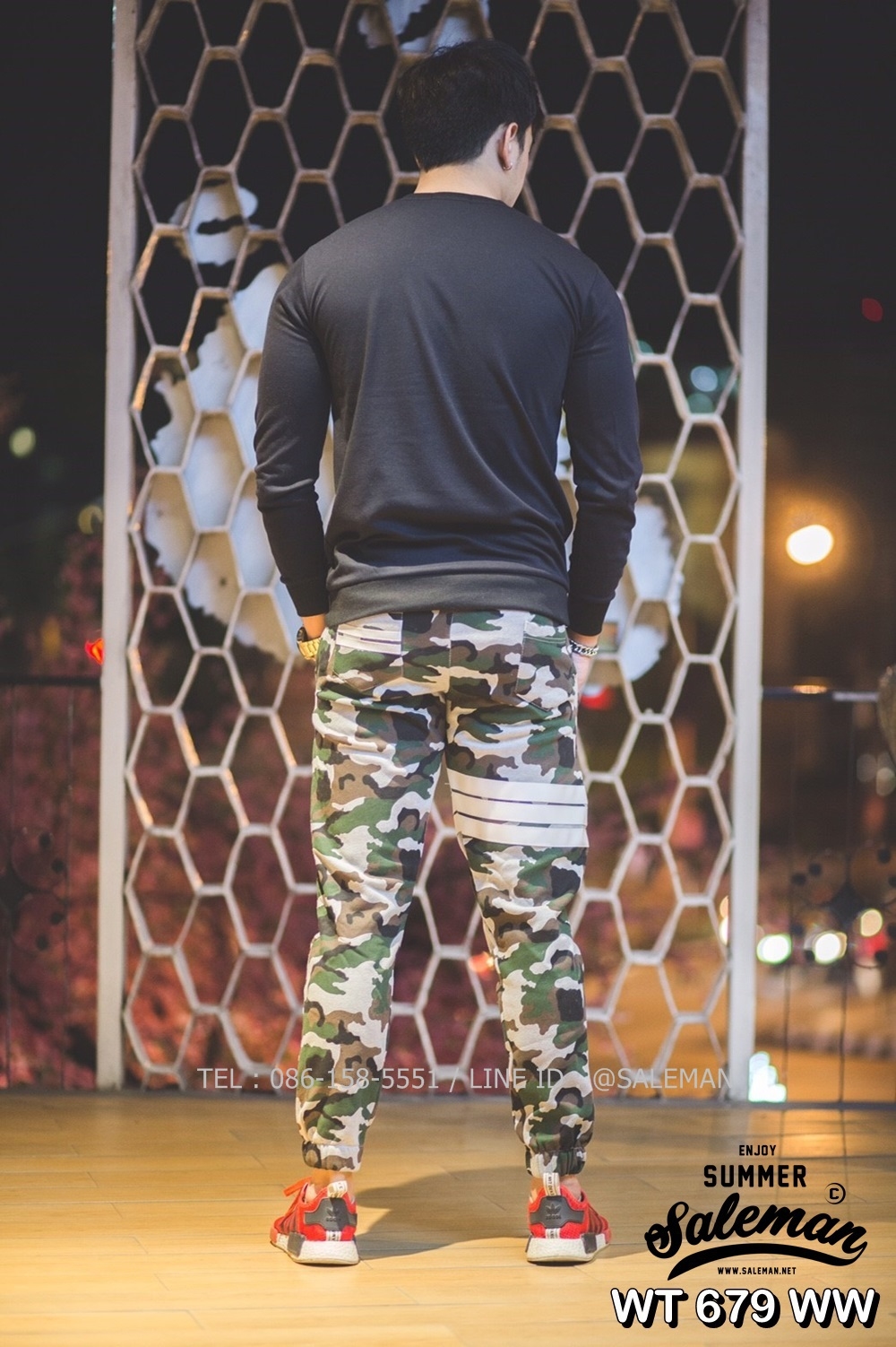 กางเกง Jogger ขาจั๊ม พรีเมี่ยม ผ้า วอร์ม รหัส WT 679 WW สีทหาร แถบ ขาว