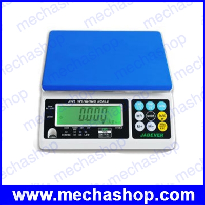 เครื่องชั่งดิจิตอลตั้งโต๊ะ เครื่องชั่งความละเอียดสูง ชั่งได้ 1.5kg/0.1g, 3kg/0.2g, 6kg/0.5g, 7kg/0.5g, 15kg/1g, 30kg/2g จานชั่งสแตนเลสขนาด 294x228mm ยี่ห้อ JADEVER รุ่น JWL-K (ไต้หวัน)