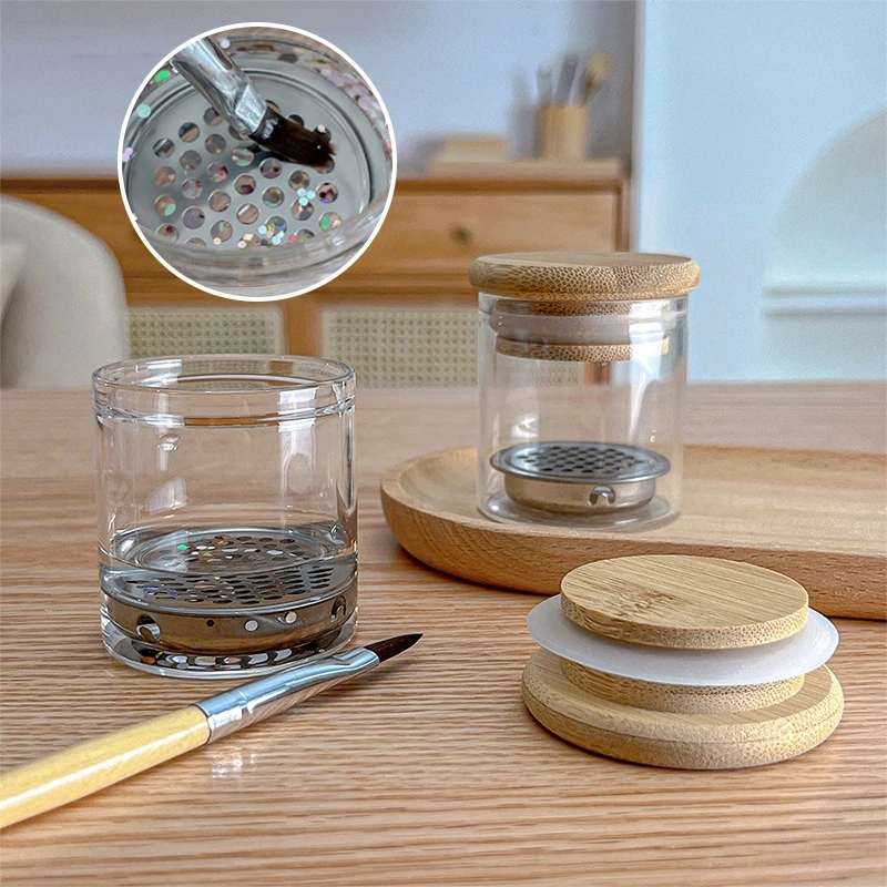 ขวดแก้วล้างพู่กัน แช่พู่กัน มีแผ่นเหล็กสำหรับเขี่ยทำความสะอาดพู่กัน