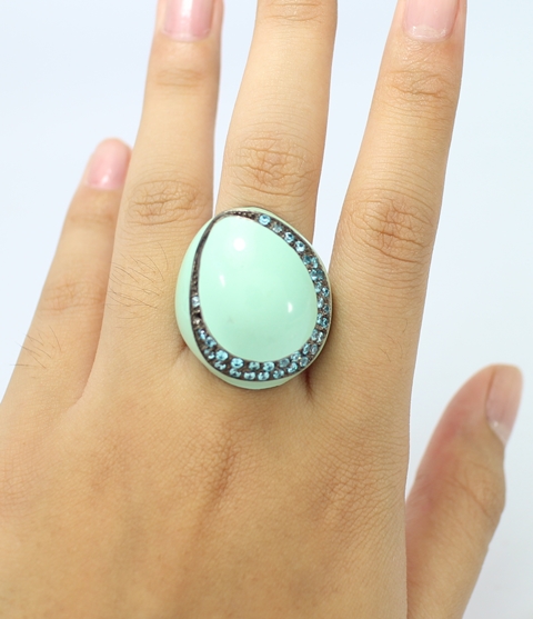 SI0095 แหวนลงยาสีเขียวพาสเทล เงินแท้ นน. 14.8 กรัม Size 55