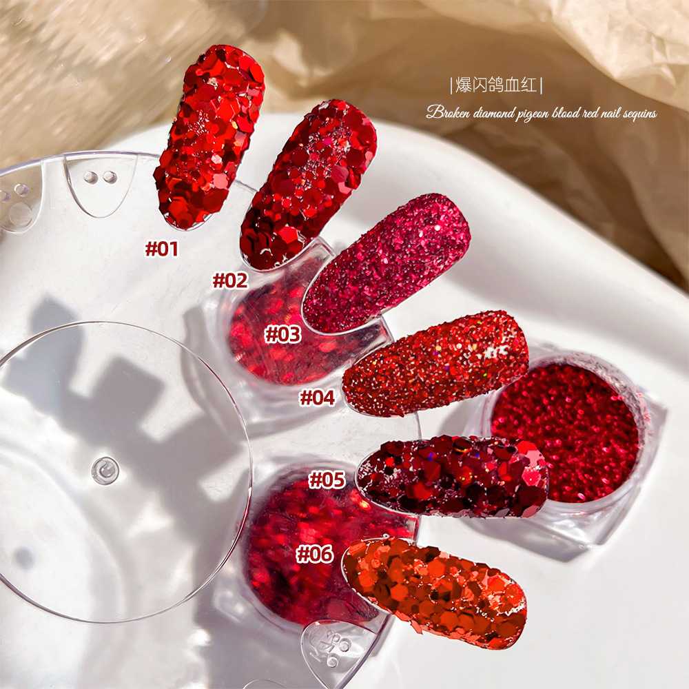 กากเพชรตกแต่งเล็บ กลิตเตอร์ติดเล็บ รูปทรงต่างๆ สีแดงวิบวับ