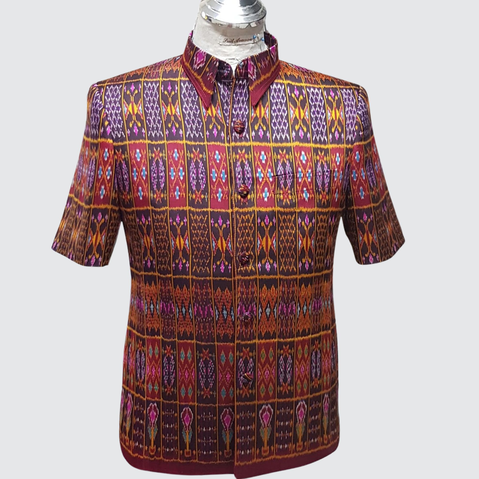 เสื้อสูทซาฟารี แขนสั้น ไหมมัดหมี่3ตะกอ | ตัดเย็บตามรูปร่าง | เลือกสีผ้า ส่งไซส์ได้