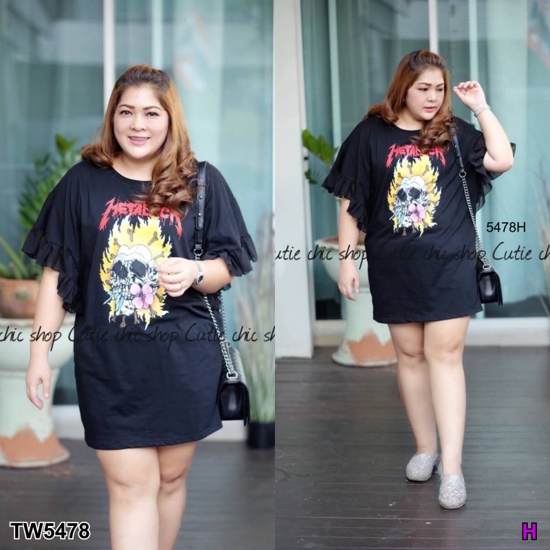 Dress #สาวอวบ แต่งแขนชีฟองระบาย สกรีนลาย metalika TW5478