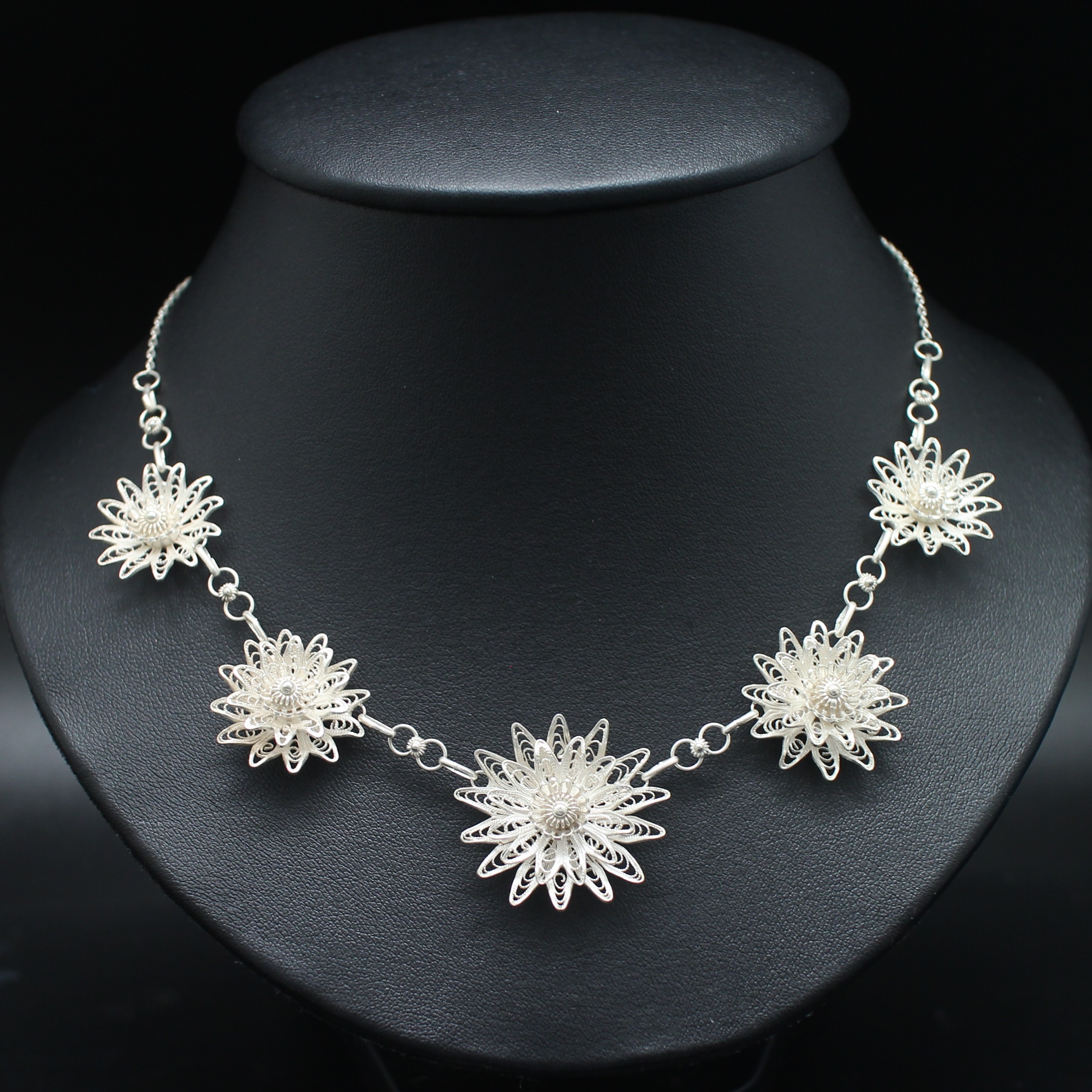 SI282 ชุดเครื่องประดับ สร้อยข้อมือ สร้อยคอ ต่างหู ดอกดาวกระจาย เงินแท้ นน. รวม 39 กรัม