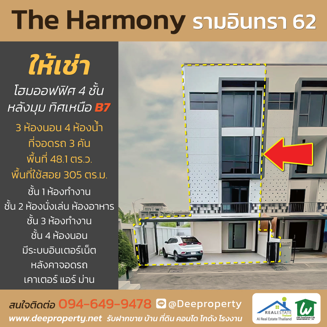 🏢✨ ให้เช่าโฮมออฟฟิศหรู 4 ชั้น The Harmony รามอินทรา 62 📍 หลังมุม ทิศเหนือ พื้นที่ใหญ่ ใกล้รถไฟฟ้า BTS สีชมพู