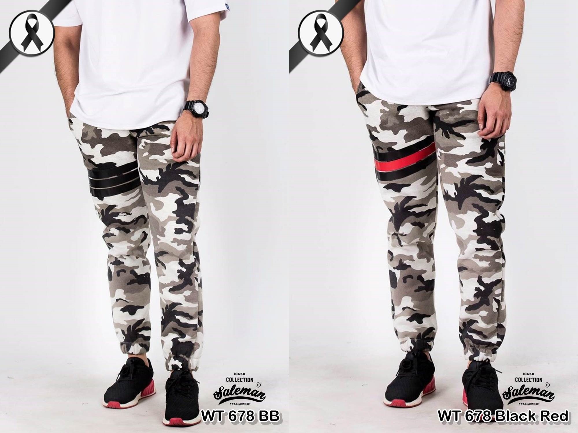 กางเกง jogger ขาจั๊ม ผ้าวอร์ม WT 678 BB ลายทหาร แถบดำ