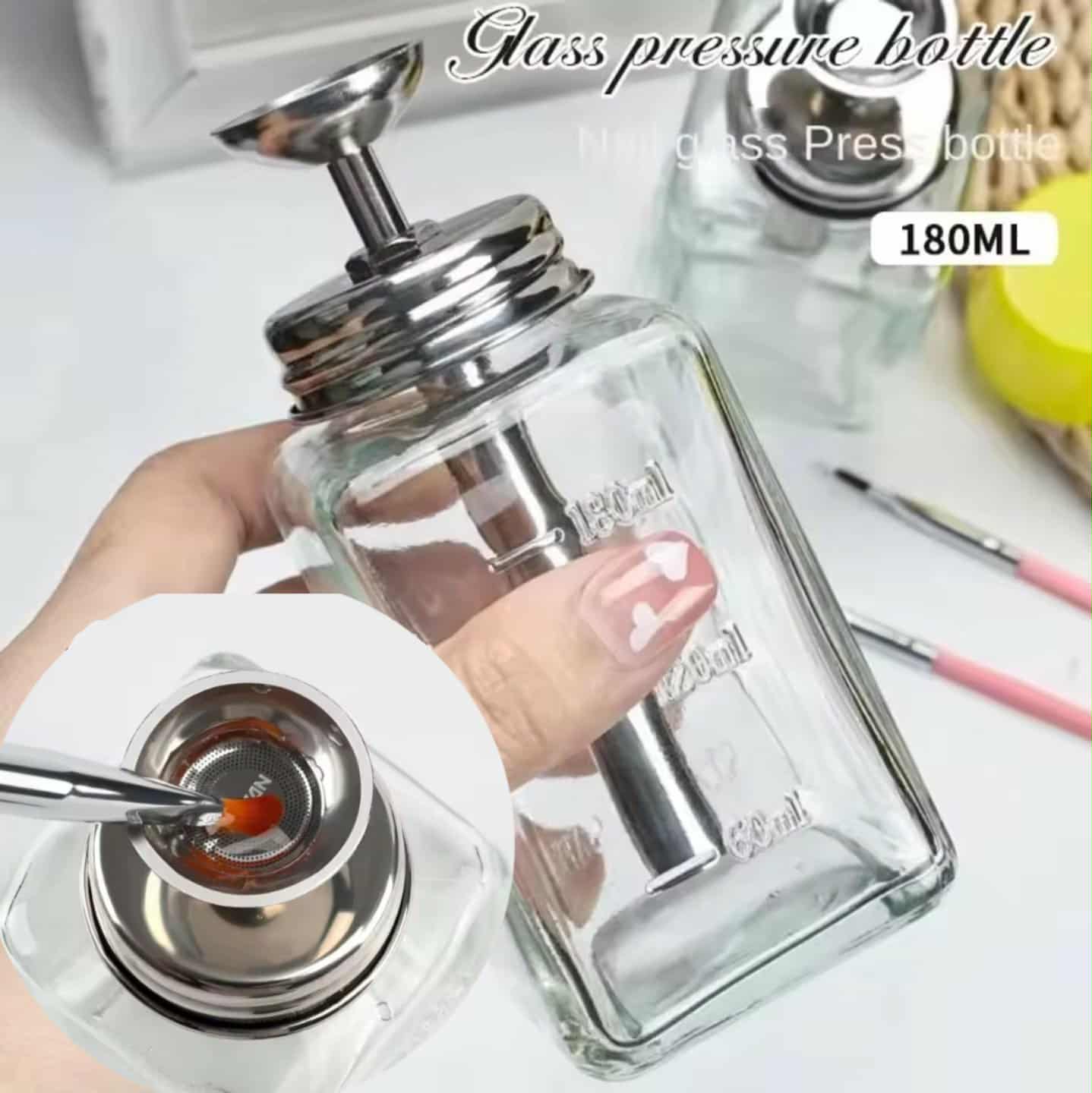 ขวดปั๊มแก้ว หัวสแตนเลส ขวดปั๊มน้ำยาล้างเล็บ ขวดกดแอลกอฮอล์ ปั๊มน้ำยาต่างๆ 180ml