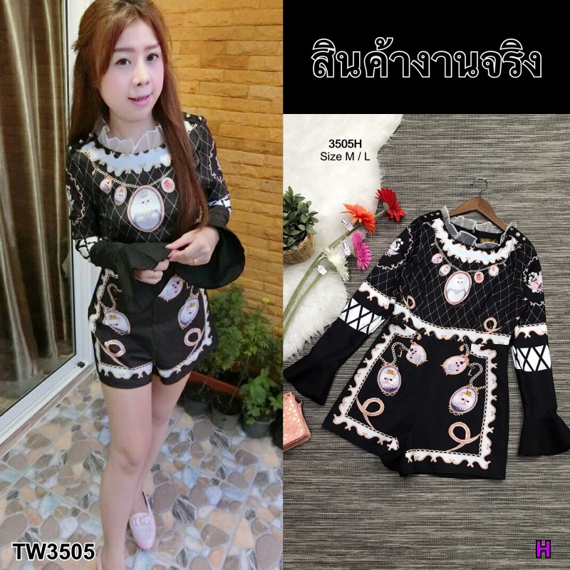 จั้มสูทขาสั้น Wila คอระบายแขนยาว ลายแมว TW3505