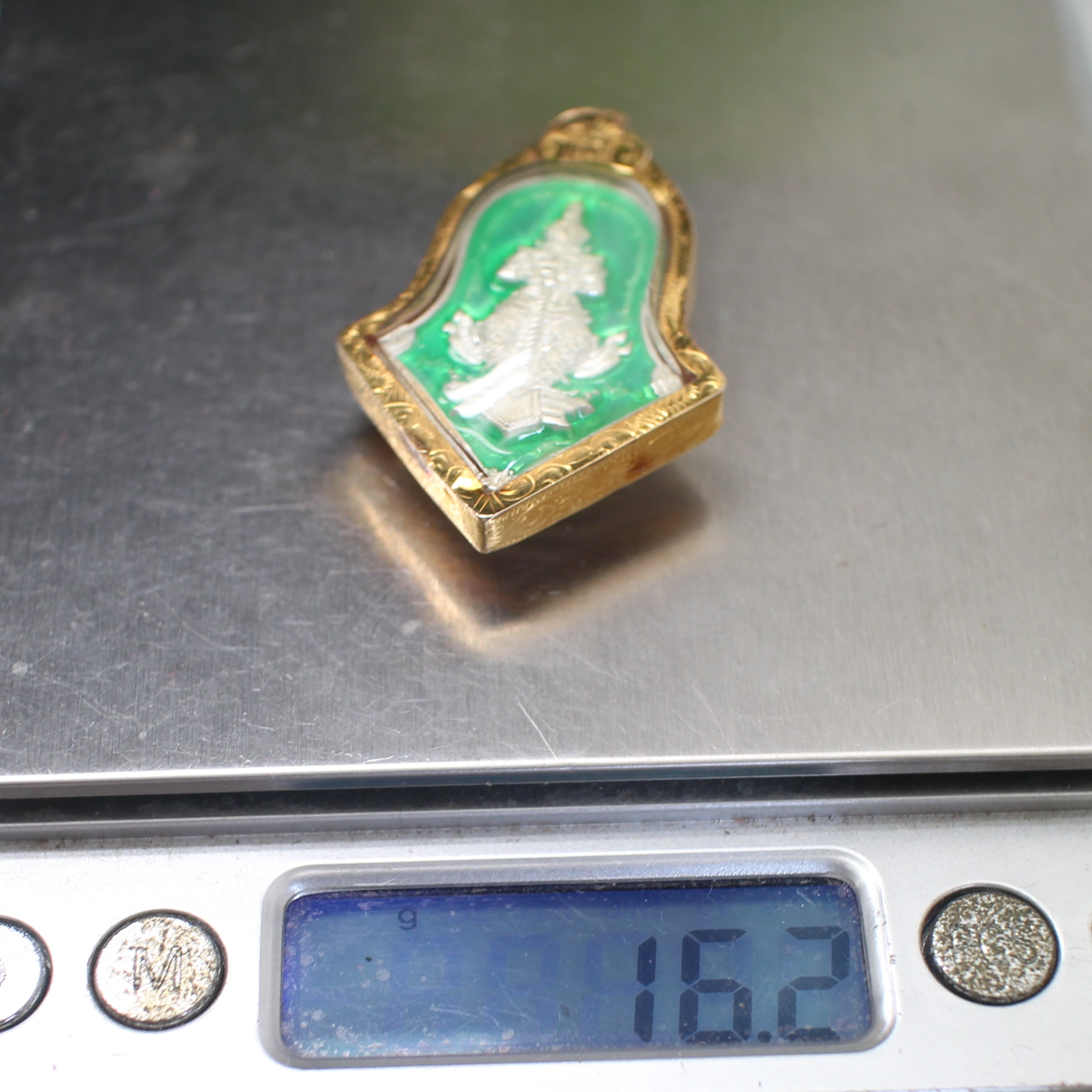 PD25085 จี้ท้าวเวสสุวรรณลงยาสีเขียว กรอบทองแท้ 90% นน.รวม 16.2 กรัม