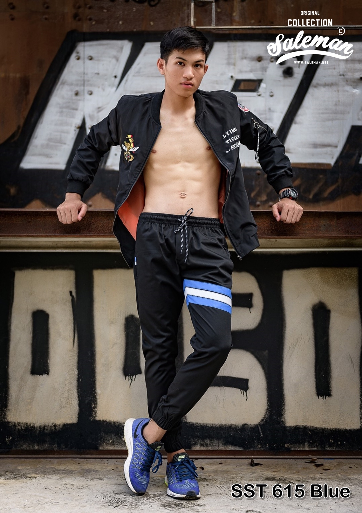 กางเกง JOGGER พรีเมี่ยม ผ้า COTTON 100% รหัส SST 615 Blue สีดำ แถบฟ้า