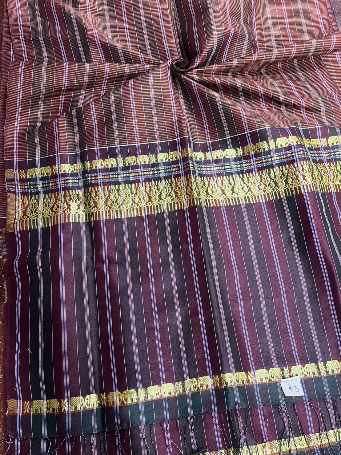 ผ้าขาวม้า ไหมแท้ ยกขิดดิ้นลายช้าง มีชายครุย ขนาด 65X200ซม. รหัส R4E-NY-5