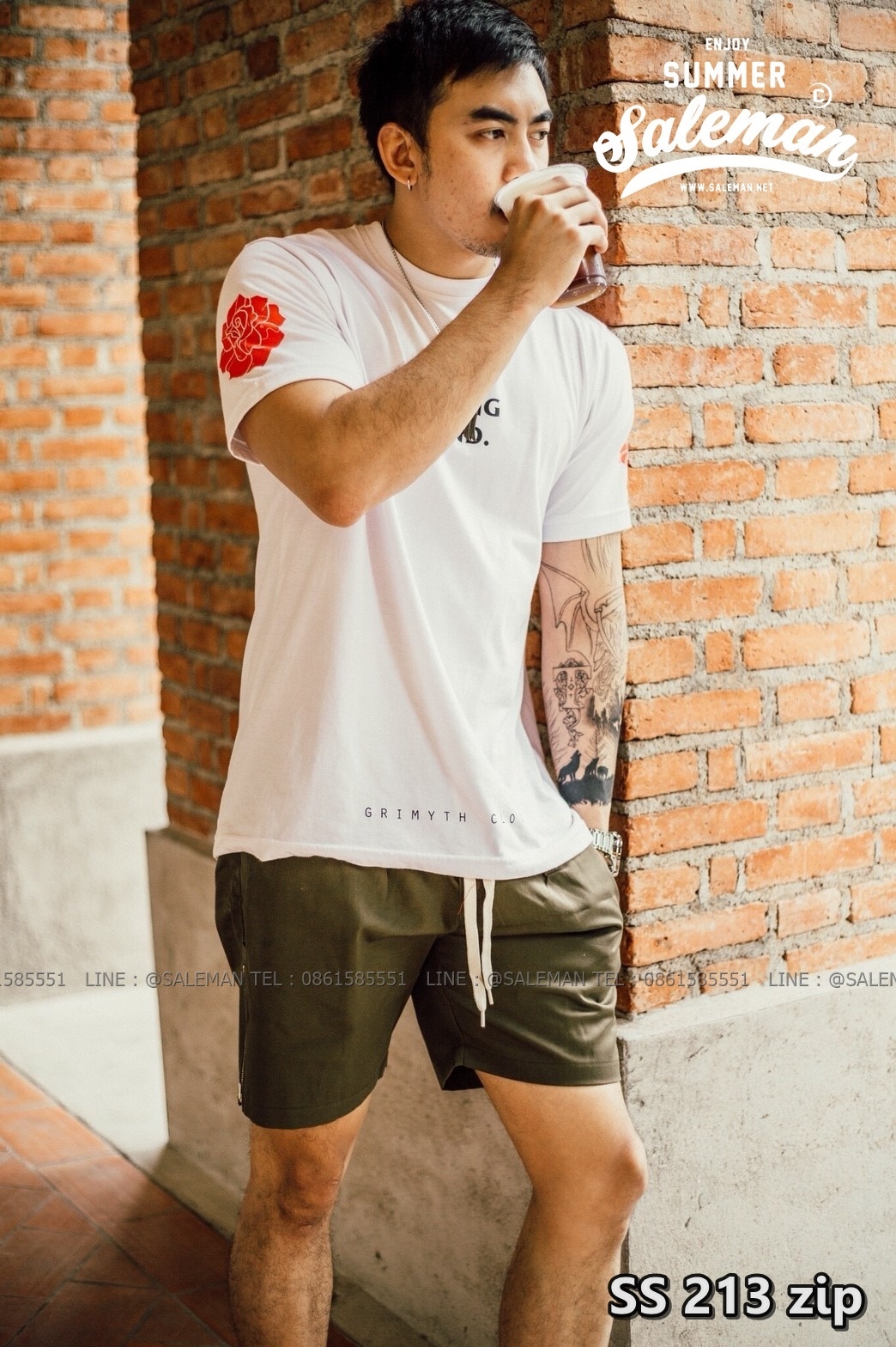กางเกงขาสั้น พรีเมี่ยม ผ้า COTTON รหัส SS 213 zip สีเขียวขี้ม้า