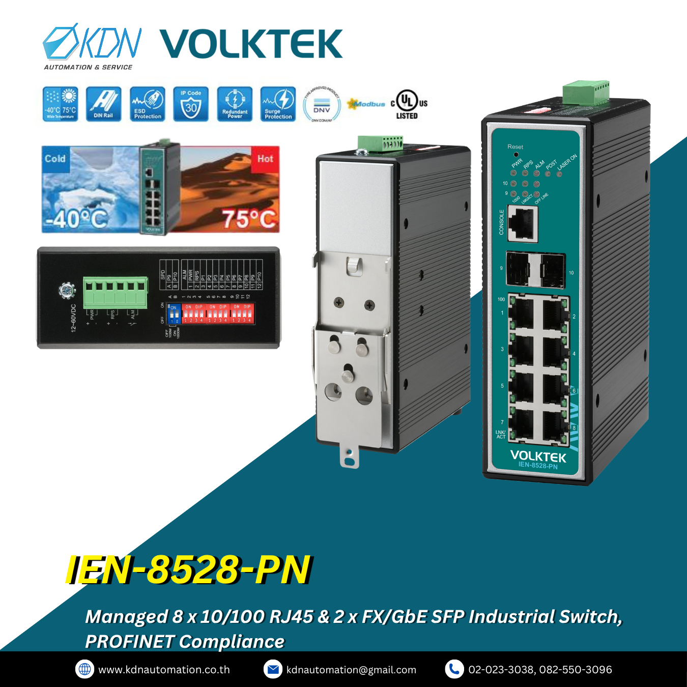 IEN-8528-PN Volktek Managed 8 x 10/100 RJ45 & 2 x FX/GbE SFP Industrial Switch, PROFINET Compliance