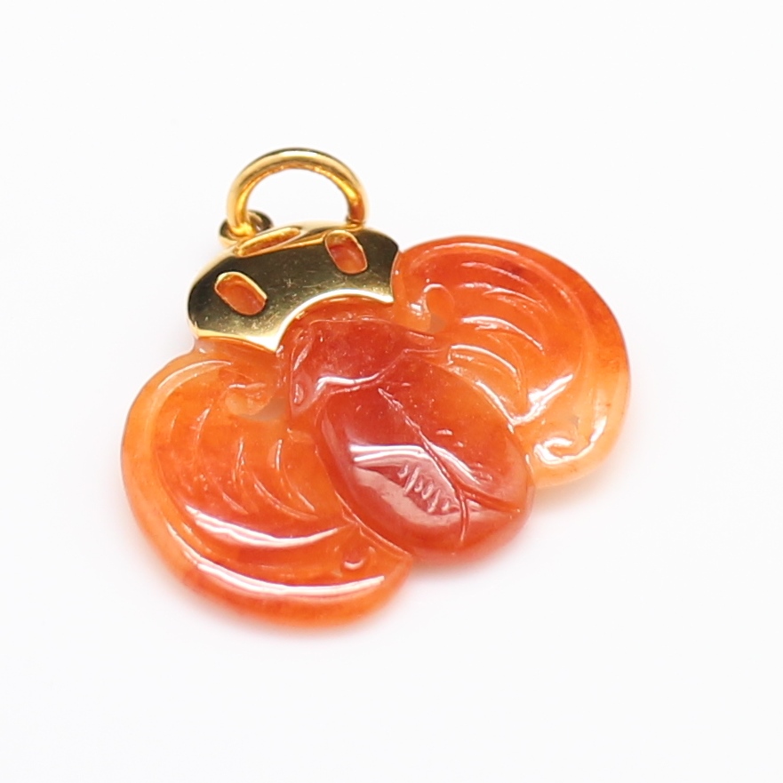 PD25010 จี้หยกสีน้ำผึ้ง แกะสลักค้างคาว ห่วงทองแท้ 90% ฉลุลายเหรียญจีน นน.รวม 5.2 กรัม