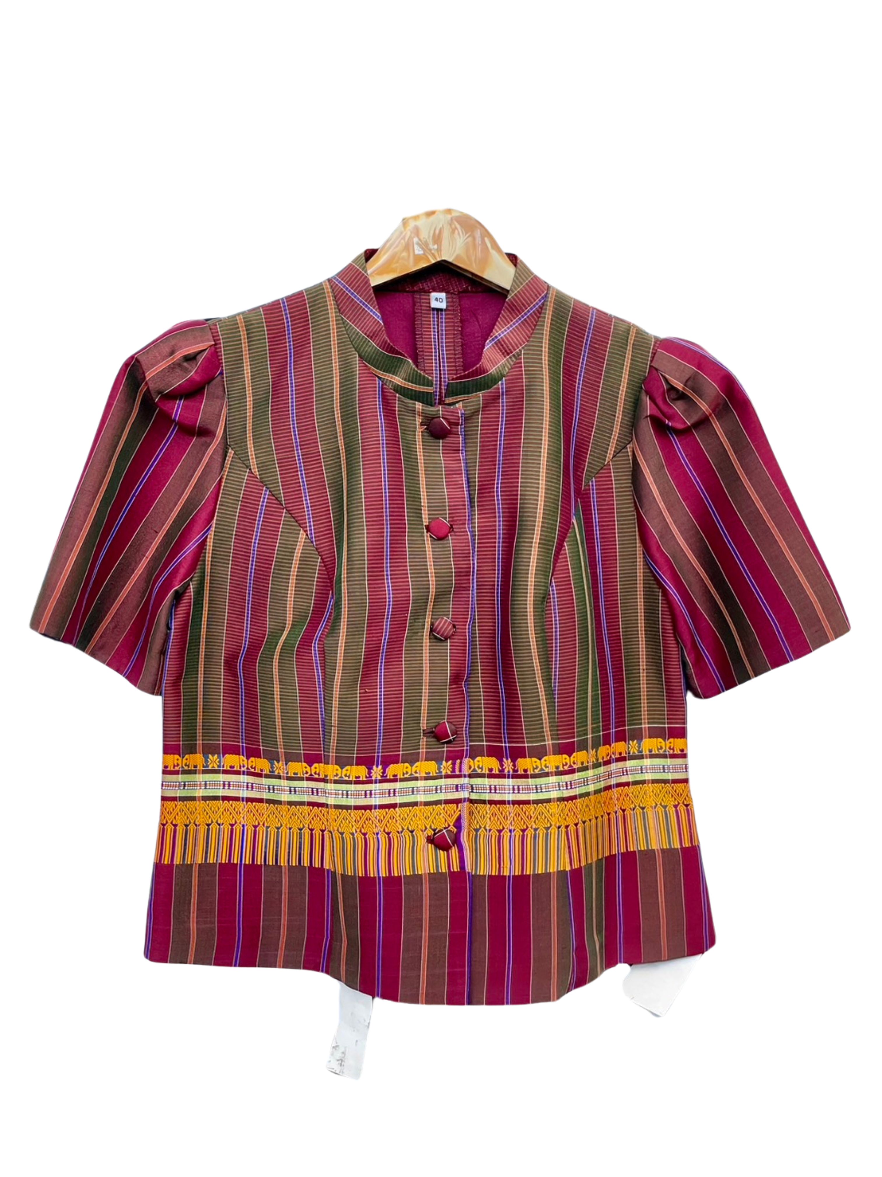 เสื้อผ้าไหม ลายผ้าขาวม้า รอบอก 40นิ้ว สีม่วงเขียว รหัส WD-PTS-1203671