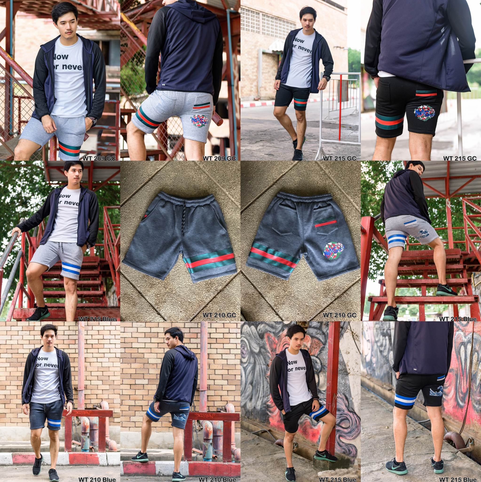 กางเกงขาสั้น พรีเมี่ยม ผ้า COTTON รหัส WT T210 ฺBlue สีเทาเข้ม แถบ ฟ้า
