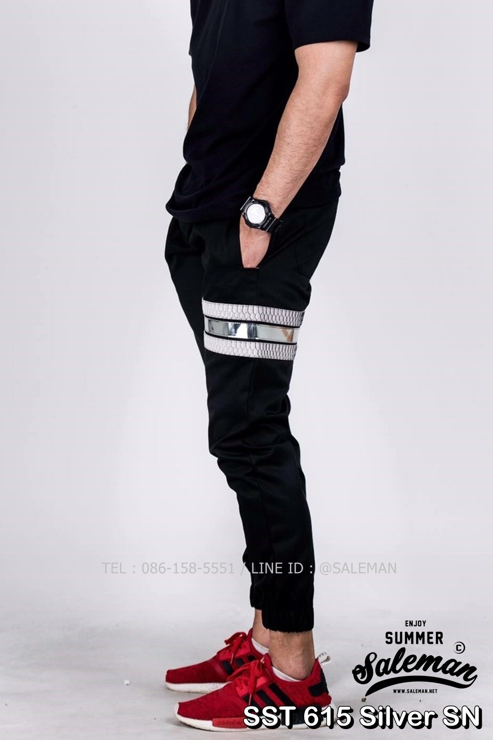 กางเกง JOGGER พรีเมี่ยม ผ้า COTTON รหัส SST 615 Silver SN สีดำ แถบงูเงิน
