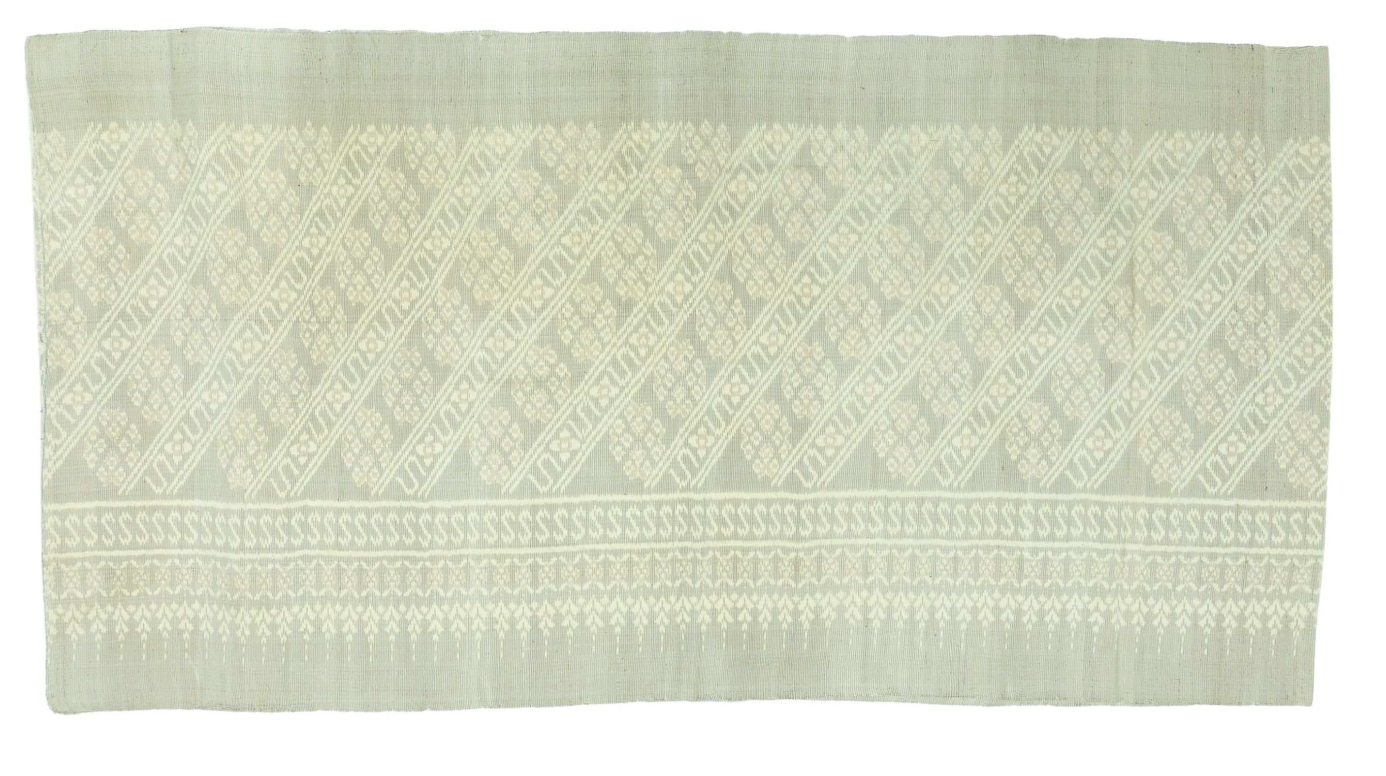 ซิ่น ผ้าไหมมัดหมี่ 2ตะกอ ไหมบ้านเนื้อหยาบนุ่ม ไหมแท้ เครือหางกระรอก สีธรรมชาติ ลายสิริราชพัสตราภรณ์ สีครีมเบจอ่อน เลือกขนาด รหัส M3P-ME-0324