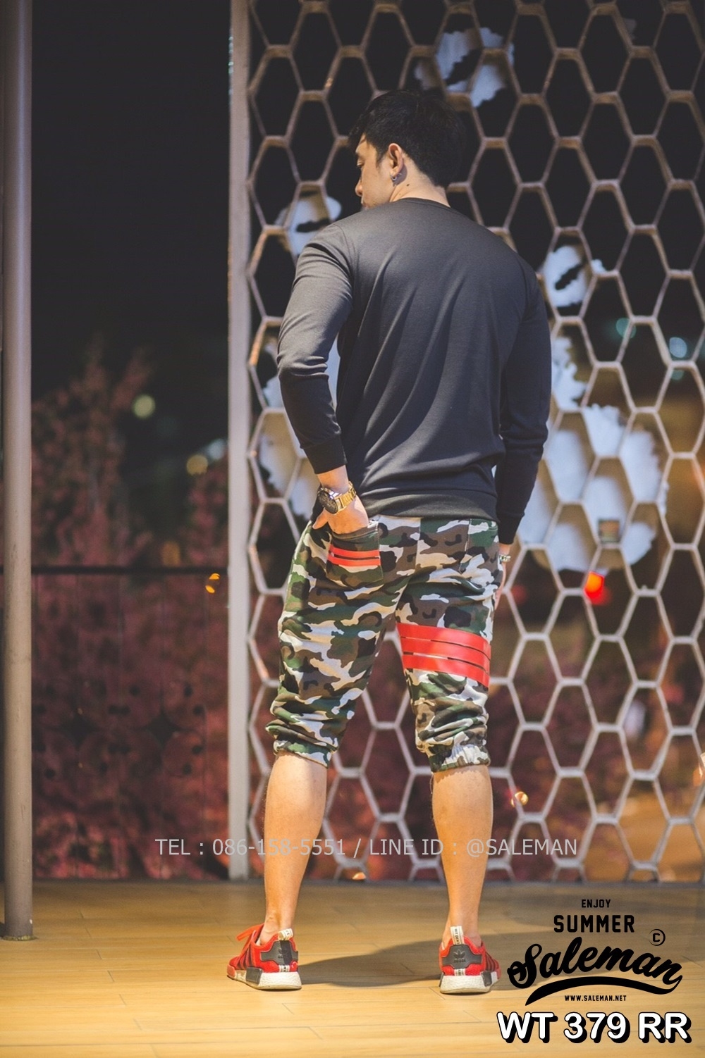 กางเกง Jogger ขาจั๊มสามส่วน พรีเมี่ยม ผ้า วอร์ม รหัส WT 379 RR สีทหาร แถบ แดง