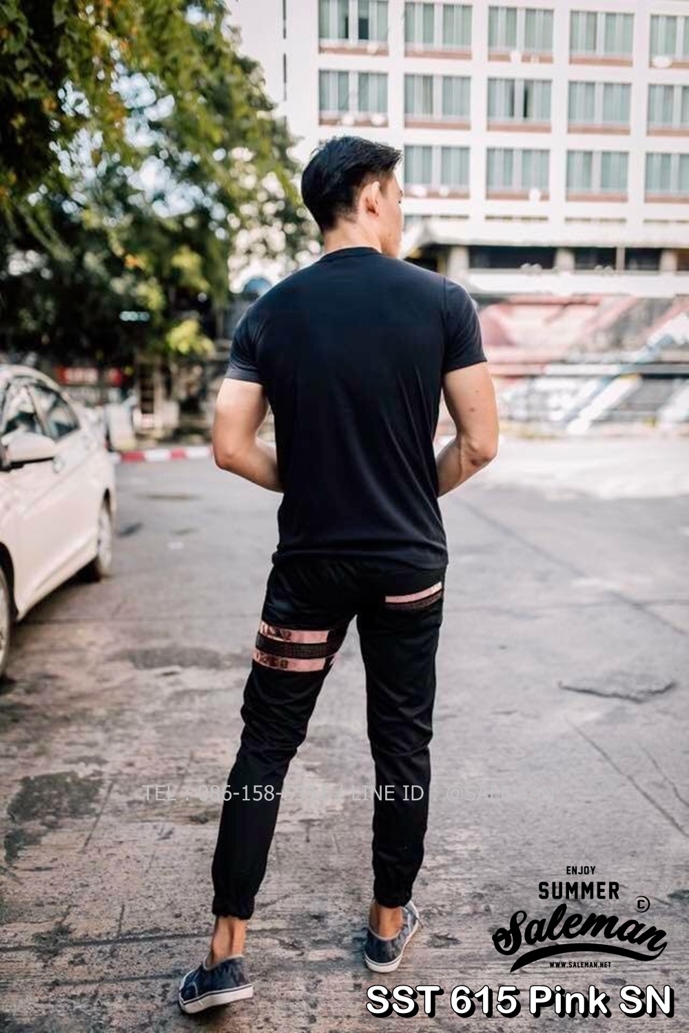 กางเกง JOGGER พรีเมี่ยม ผ้า COTTON รหัส SST 615 Pink SN สีดำ แถบชมพูงู