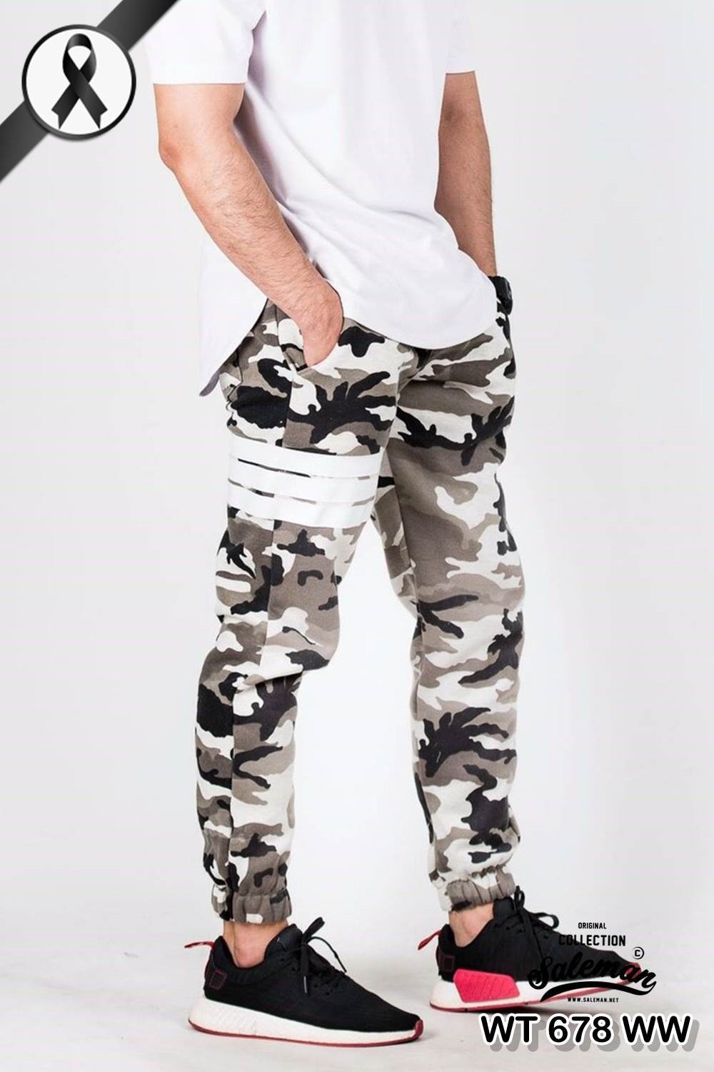 กางเกง jogger ขาจั๊ม ผ้าวอร์ม WT 678 WW ลายทหาร แถบขาว SUMMER SALE