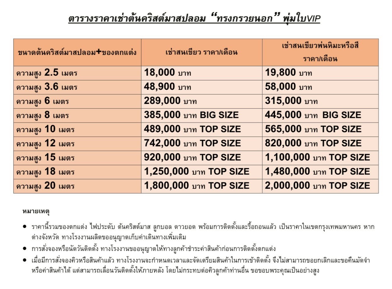 ราคาเช่าต้นคริสต์มาสปลอม ทรงกรวยใบสน วีไอพี ตกแต่งสถานที่ขนาดใหญ่