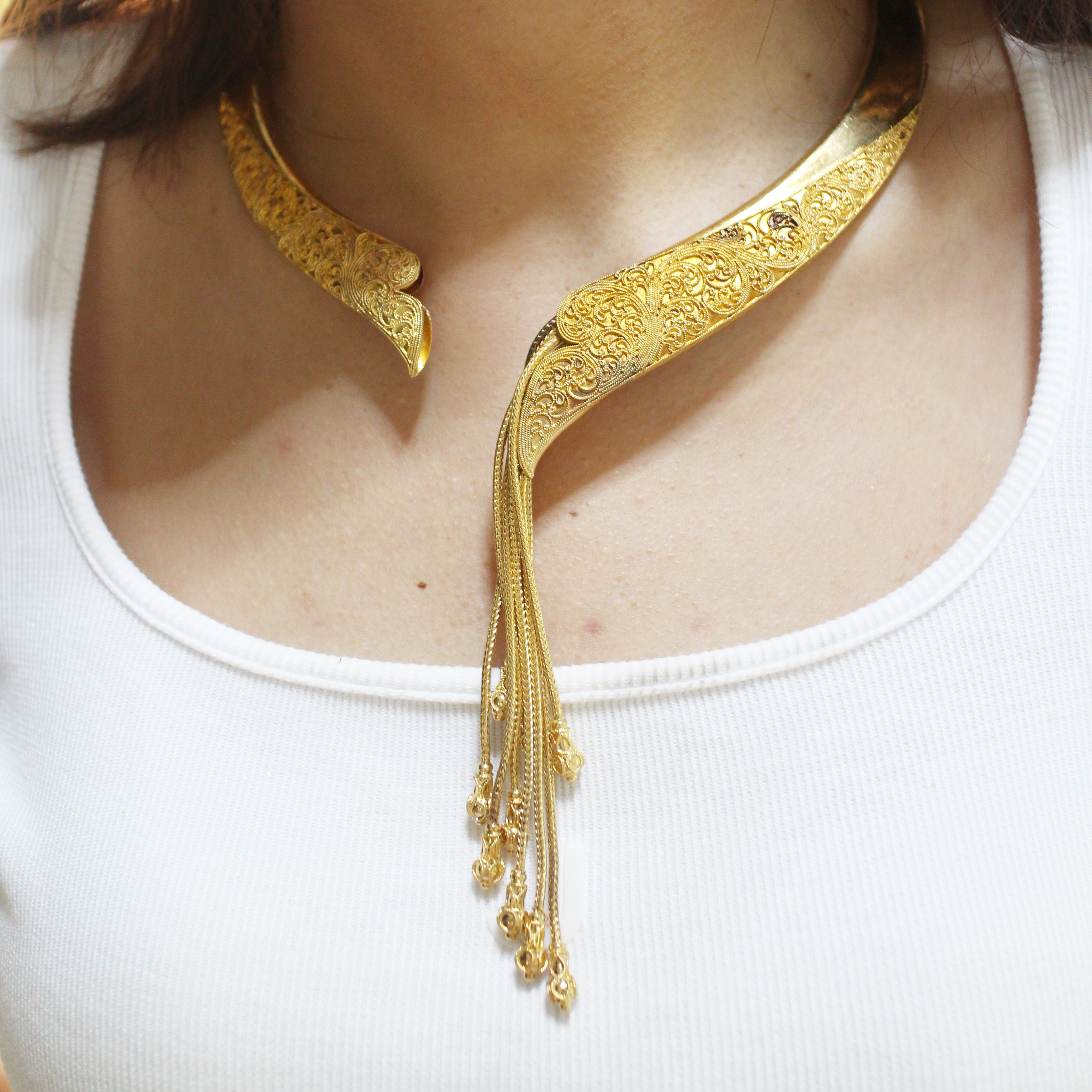 SI369 สร้อยคอโช้คตุ้งติ้งแกะลาย เงินแท้ 92.5% ชุบทอง นน. 105.8 กรัม