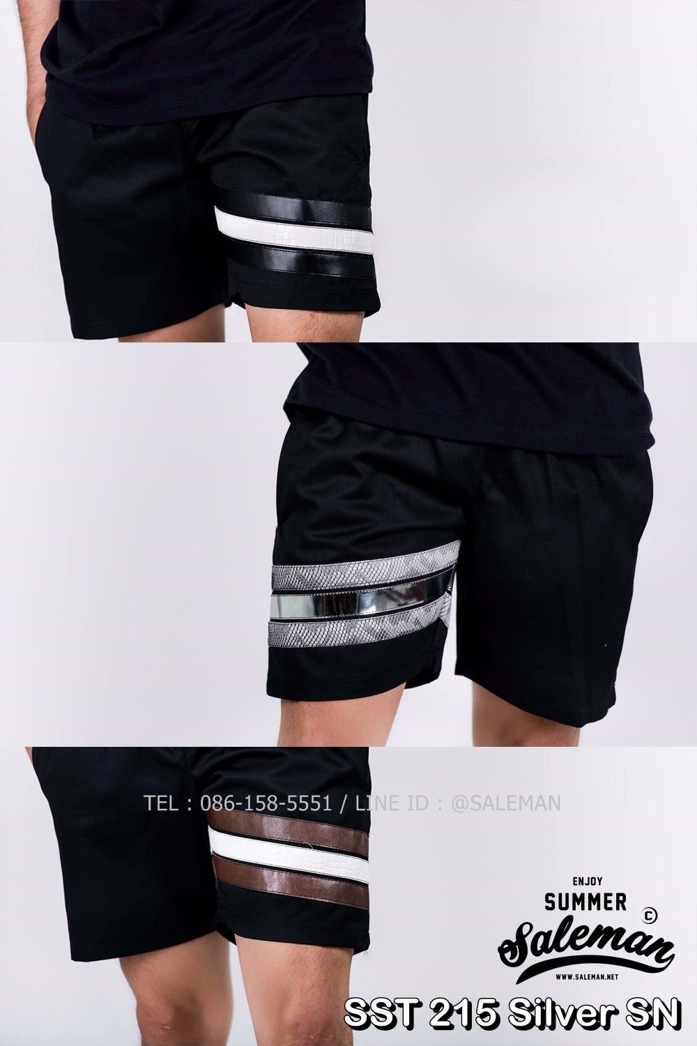 กางเกงขาสั้น พรีเมี่ยม ผ้า COTTON รหัส SST 215 Silver SN สีดำ แถบงูเงิน