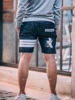 กางเกงขาสั้นยีนส์ Y210 W BIRD สีเทาเข้ม แถบขาว สกรีนรูปนก