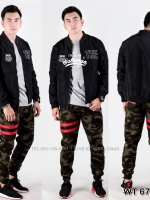 กางเกง jogger ขาจั๊ม ผ้าวอร์ม WT677 RB ทหารแถบ แดง ดำ