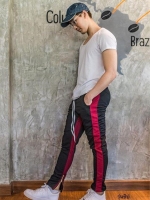 กางเกง ขายาว พรีเมี่ยม ผ้า วอม รหัส W 615 TAX R ดำแถบแดง