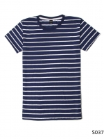 เสื้อยืดคอกลมลายทาง S037 (สีกรมริ้วขาว)