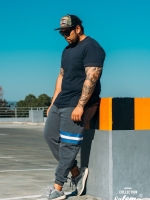 กางเกง JOGGER พรีเมี่ยม ผ้าวอร์ม รหัส WT 610 Blue สีเทาเข้ม แถบฟ้า