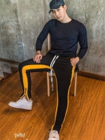 กางเกง ขายาว พรีเมี่ยม ผ้า วอม รหัส W 615 TAX Y ดำแถบเหลือง